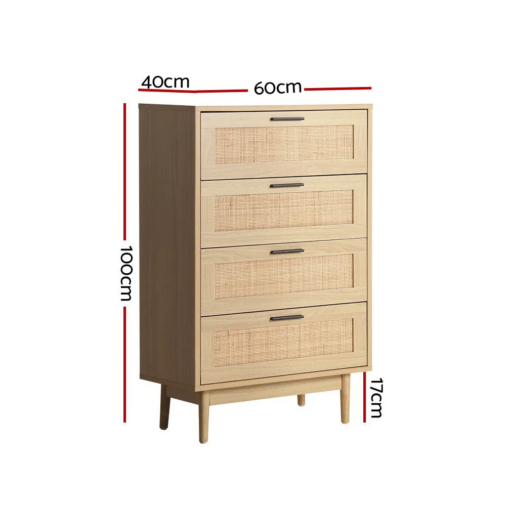 4 Chest of Drawers Rattan Tallboy Cabinet Bedroom Clothes Storage Wood