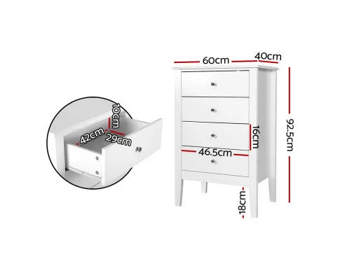 4 Chest of Drawers Tallboy Storage Cabinet Bedside Table Dresser White