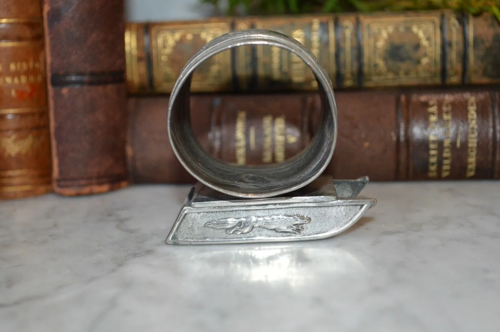 Antique Meriden Silver Plate Co. Sled Napkin Ring Dog # 285