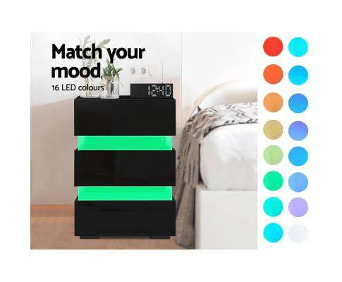 Bedside Table Side Unit RGB LED Lamp 3 Drawers Nightstand Gloss Furniture Black