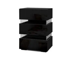 Bedside Table Side Unit RGB LED Lamp 3 Drawers Nightstand Gloss Furniture Black