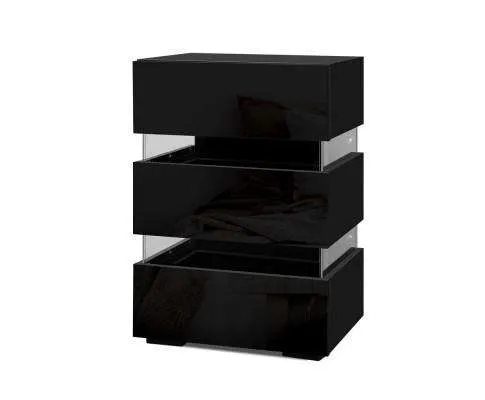 Bedside Table Side Unit RGB LED Lamp 3 Drawers Nightstand Gloss Furniture Black