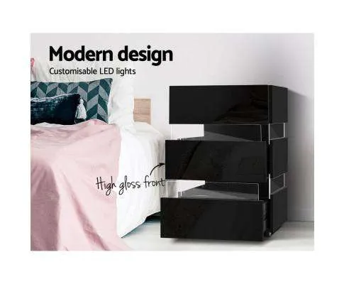 Bedside Table Side Unit RGB LED Lamp 3 Drawers Nightstand Gloss Furniture Black