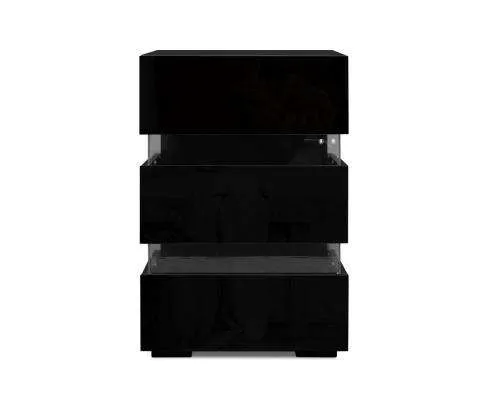 Bedside Table Side Unit RGB LED Lamp 3 Drawers Nightstand Gloss Furniture Black