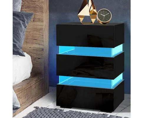 Bedside Table Side Unit RGB LED Lamp 3 Drawers Nightstand Gloss Furniture Black