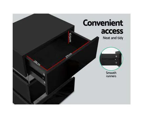Bedside Table Side Unit RGB LED Lamp 3 Drawers Nightstand Gloss Furniture Black