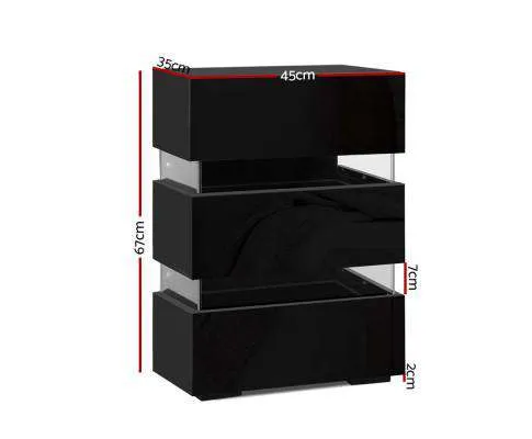 Bedside Table Side Unit RGB LED Lamp 3 Drawers Nightstand Gloss Furniture Black