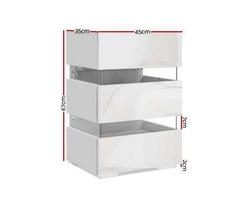 Bedside Table Side Unit RGB LED Lamp 3 Drawers Nightstand Gloss Furniture White