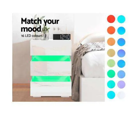 Bedside Table Side Unit RGB LED Lamp 3 Drawers Nightstand Gloss Furniture White