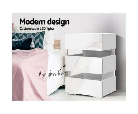 Bedside Table Side Unit RGB LED Lamp 3 Drawers Nightstand Gloss Furniture White