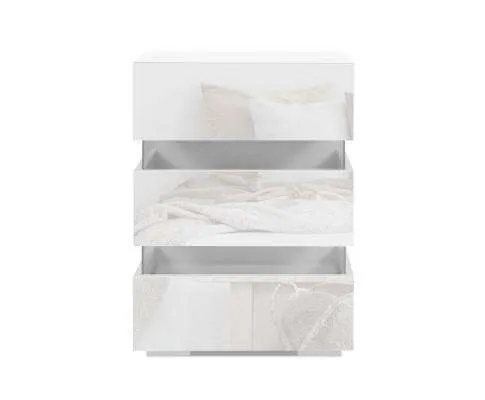Bedside Table Side Unit RGB LED Lamp 3 Drawers Nightstand Gloss Furniture White