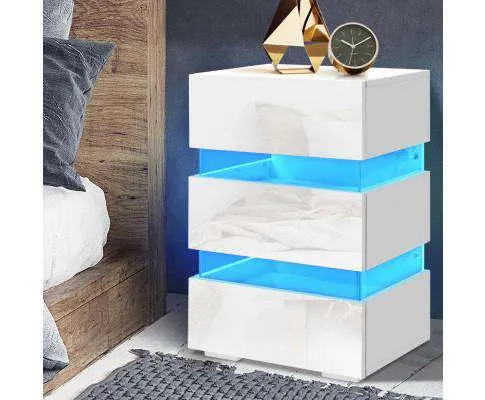 Bedside Table Side Unit RGB LED Lamp 3 Drawers Nightstand Gloss Furniture White