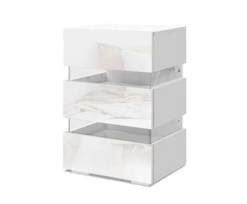 Bedside Table Side Unit RGB LED Lamp 3 Drawers Nightstand Gloss Furniture White