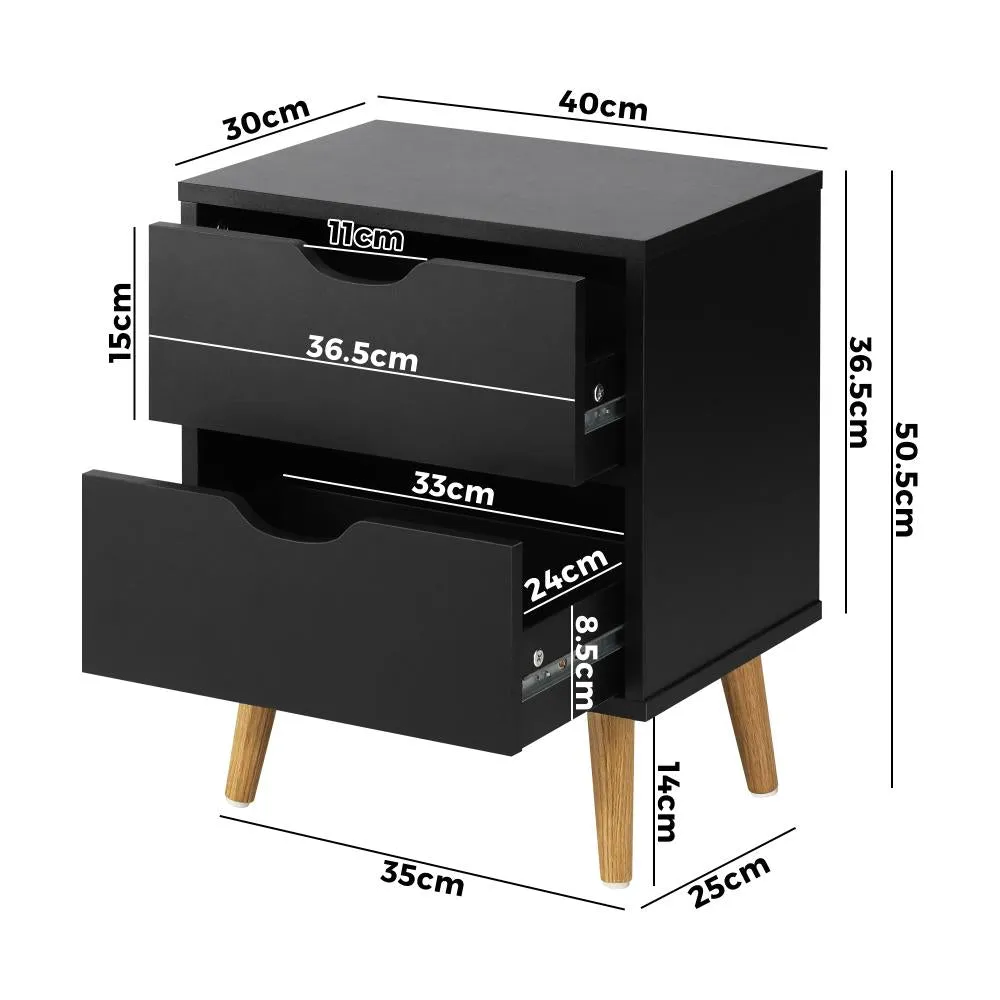 Bedside Tables 2 Drawers Side Table Bedroom Furniture Storage Black