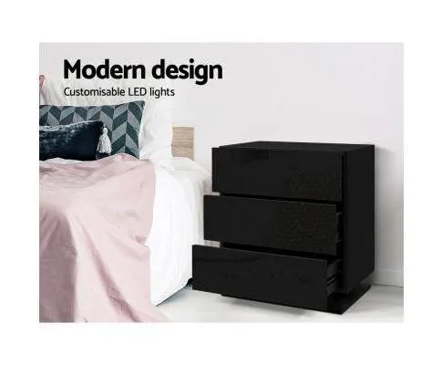 Bedside Tables Side Table RGB LED Lamp 2 Drawers Nightstand Gloss Black