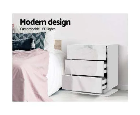 Bedside Tables Side Table RGB LED Lamp 2 Drawers Nightstand Gloss White