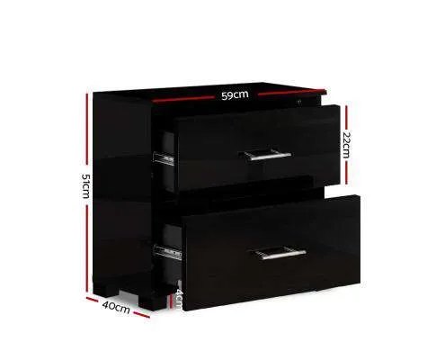 High Gloss Two Drawers Bedside Table - Black