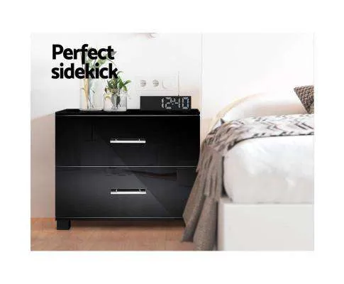 High Gloss Two Drawers Bedside Table - Black