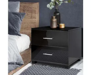 High Gloss Two Drawers Bedside Table - Black