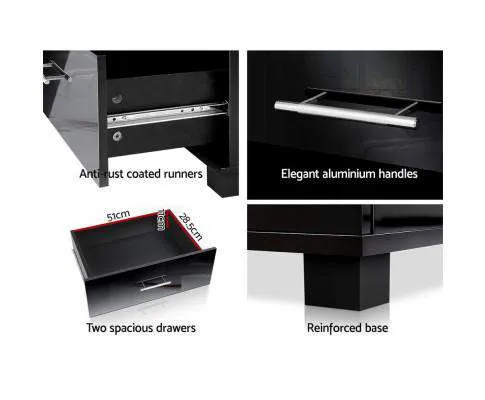 High Gloss Two Drawers Bedside Table - Black
