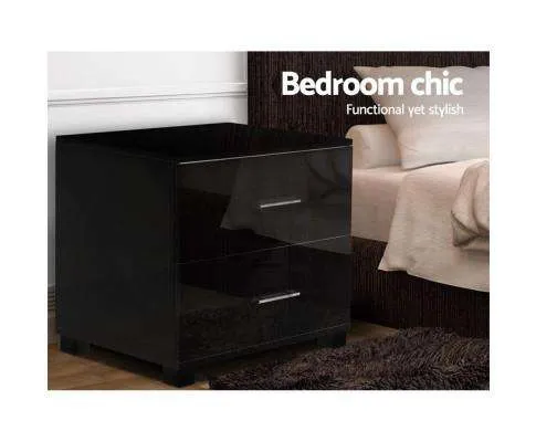 High Gloss Two Drawers Bedside Table - Black