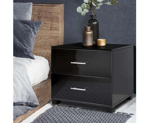 High Gloss Two Drawers Bedside Table - Black