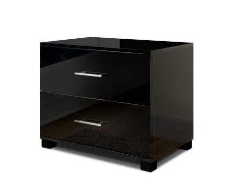 High Gloss Two Drawers Bedside Table - Black