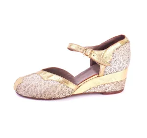 Incredible 1940s Wedge Gold Brocade Sandals Shoes UK 6.5