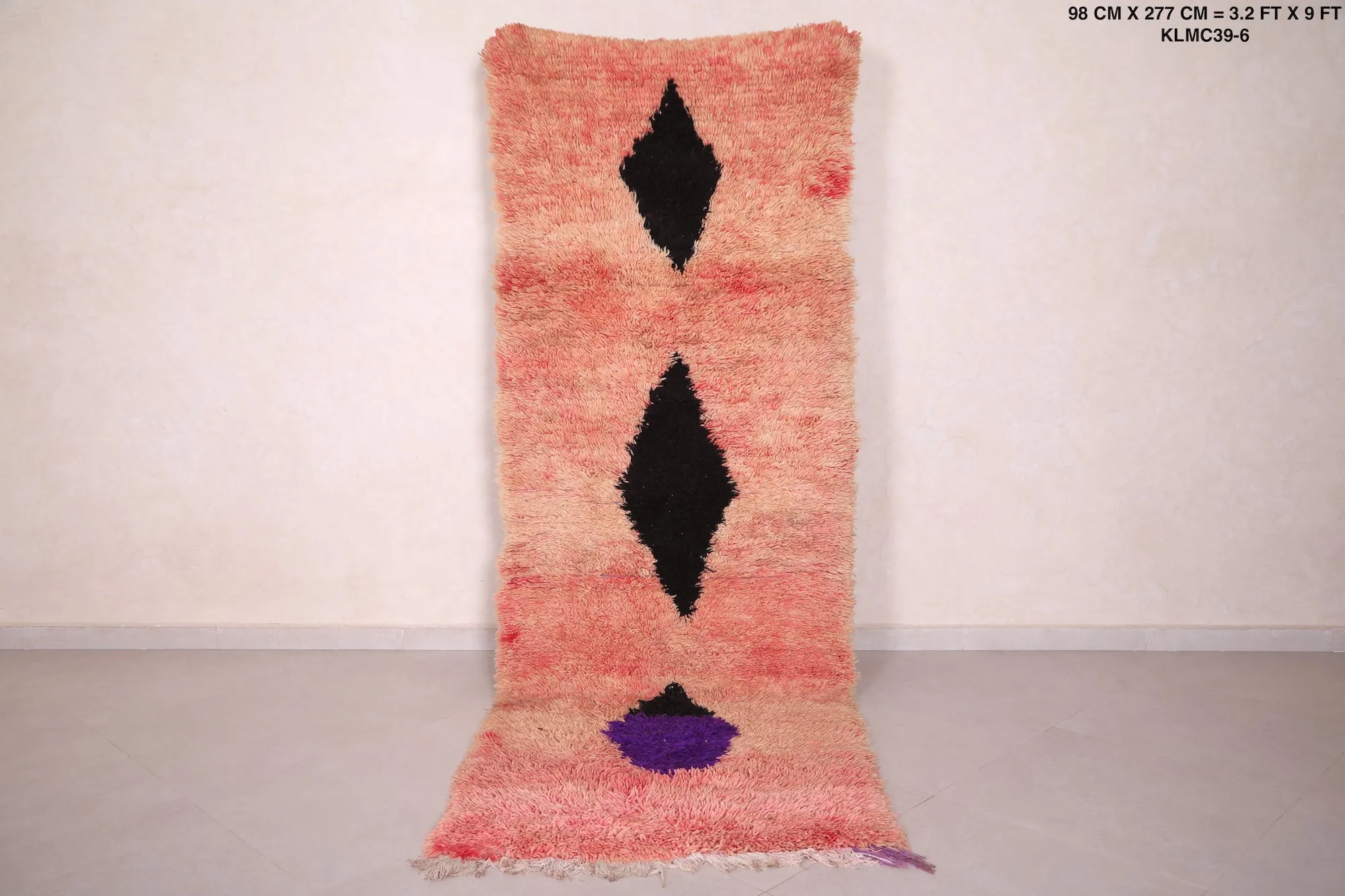 Moroccan Runner Rug 3.2 x 9 FT - Pink & Black Diamond Design
