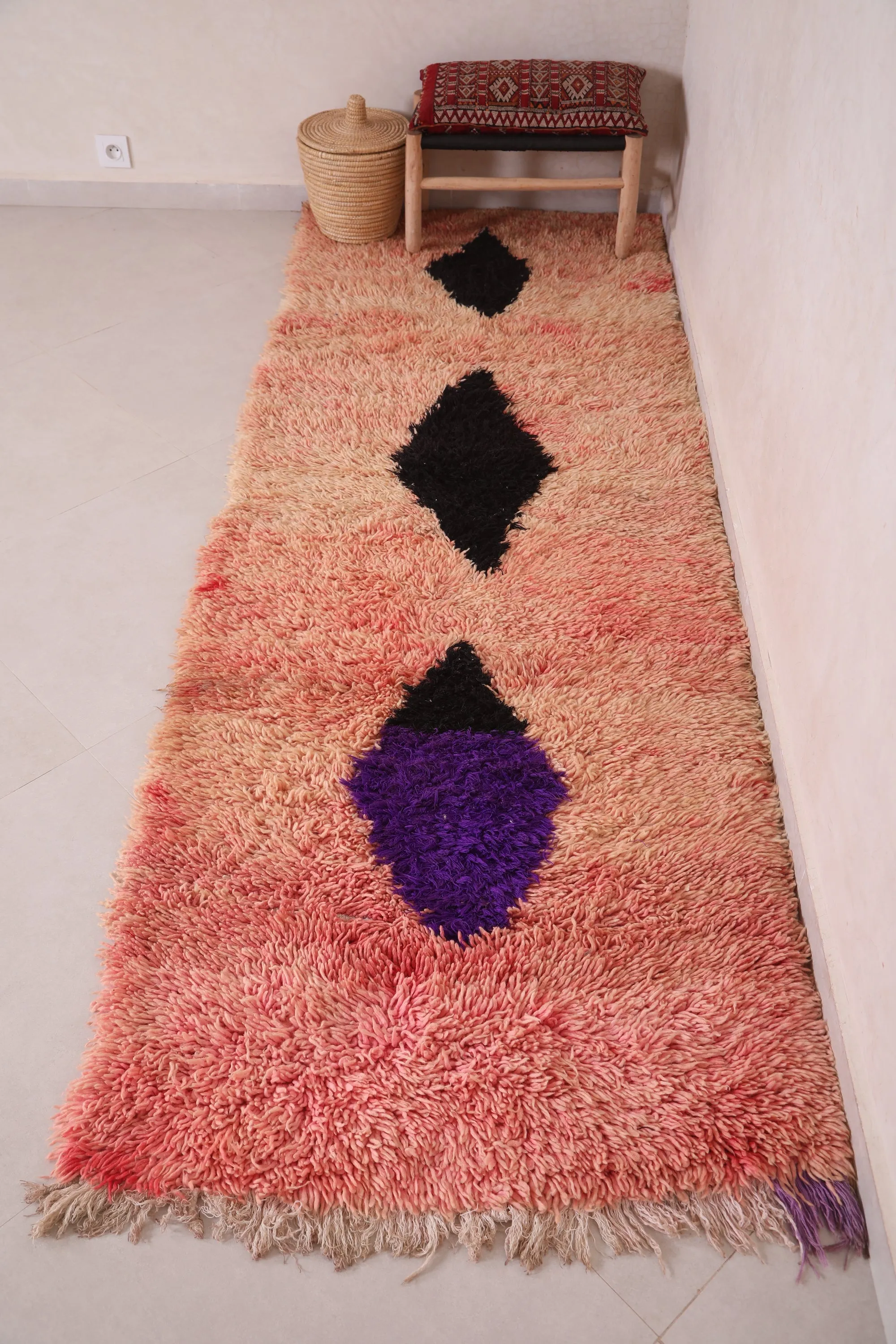 Moroccan Runner Rug 3.2 x 9 FT - Pink & Black Diamond Design