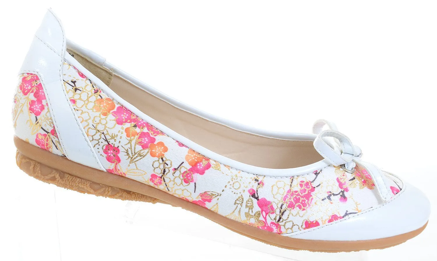 Pink Orange Floral Ballet Slip on Leather Corset Womens Flat Shoes