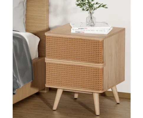 Rattan Bedside Table Drawers Side End Table Storage Nightstand Oak NORA