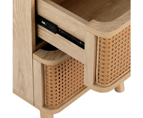 Rattan Bedside Table Drawers Side End Table Storage Nightstand Oak NORA