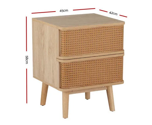 Rattan Bedside Table Drawers Side End Table Storage Nightstand Oak NORA