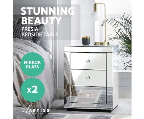 Set of 2 Bedside Tables Drawers Mirrored Side End Table Cabinet Nightstand