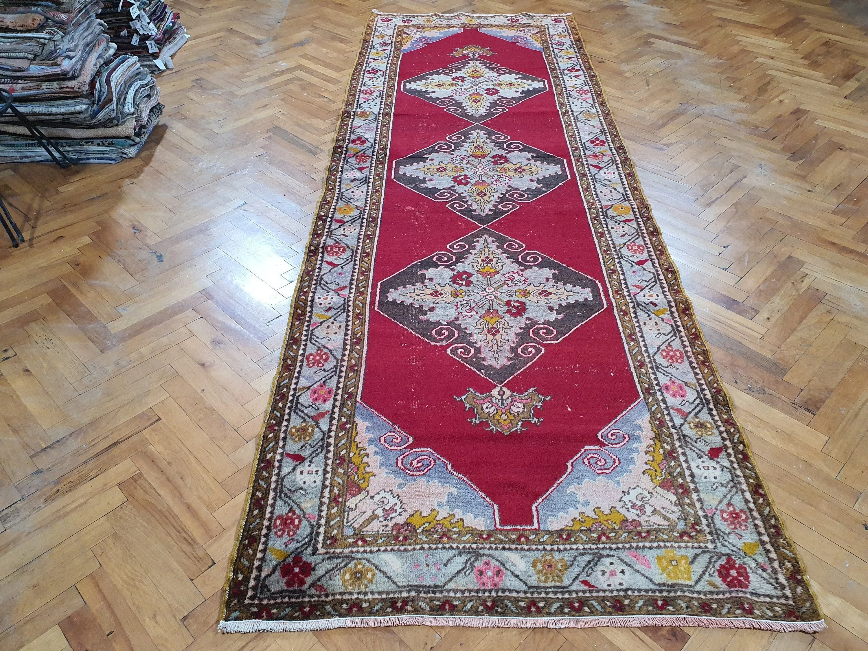 Sivas Turkey Hallway Runner, 10 x 3 ft Red Blue Brown Long Entryway Rug, Boho Rustic Handmade Natural Wool Persian Medallion Motif Corridor