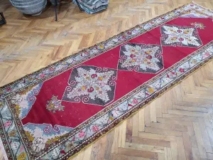Sivas Turkey Hallway Runner, 10 x 3 ft Red Blue Brown Long Entryway Rug, Boho Rustic Handmade Natural Wool Persian Medallion Motif Corridor