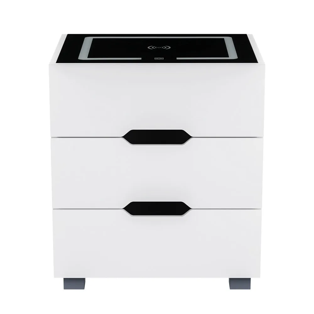 Smart Bedside Table 3 Drawers with Wireless Charging Ports LED White ADAD