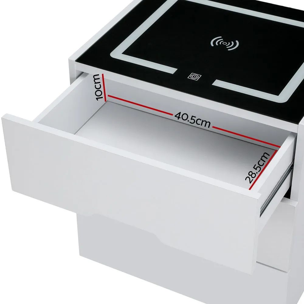 Smart Bedside Table 3 Drawers with Wireless Charging Ports LED White ADAD