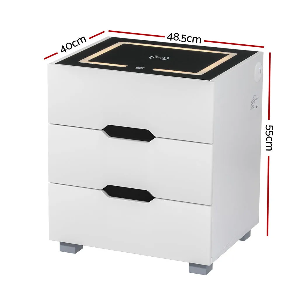 Smart Bedside Table 3 Drawers with Wireless Charging Ports LED White ADAD