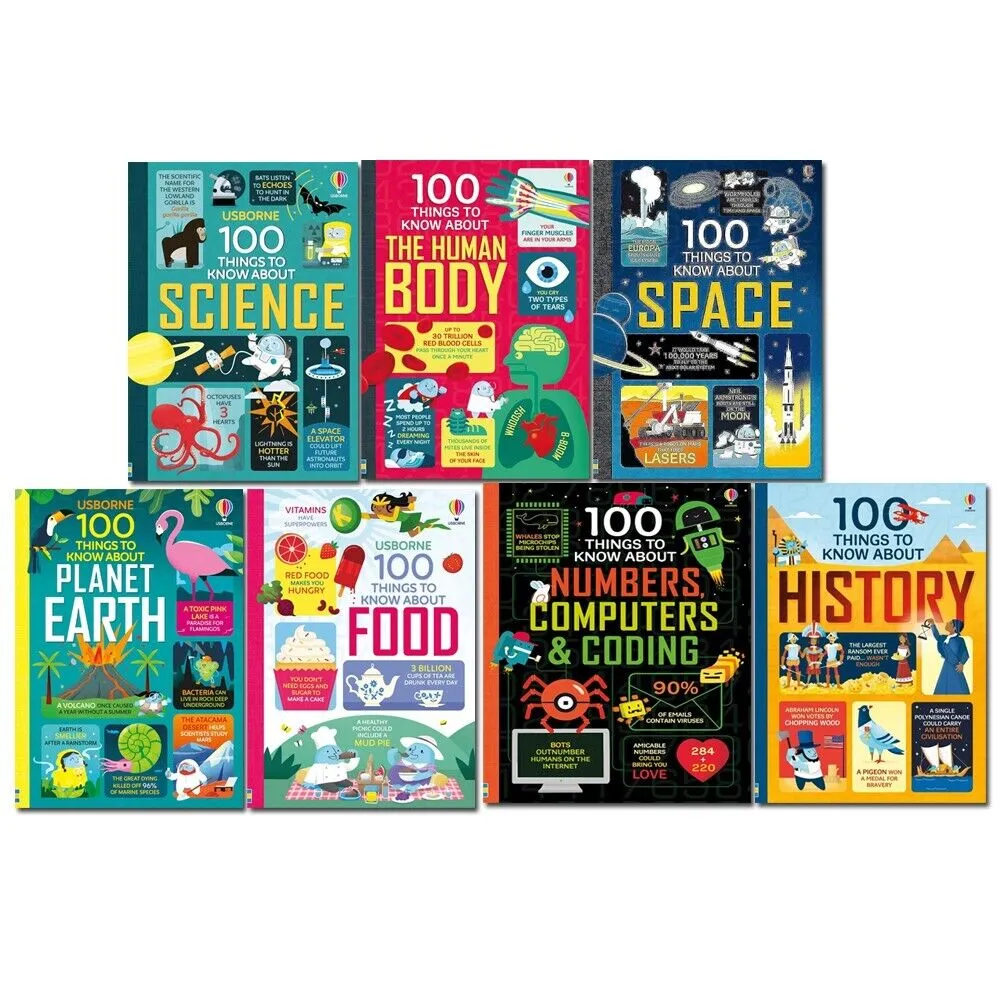 Usborne 100 Things To Know About Collection 7 Books Set Food, History, Science