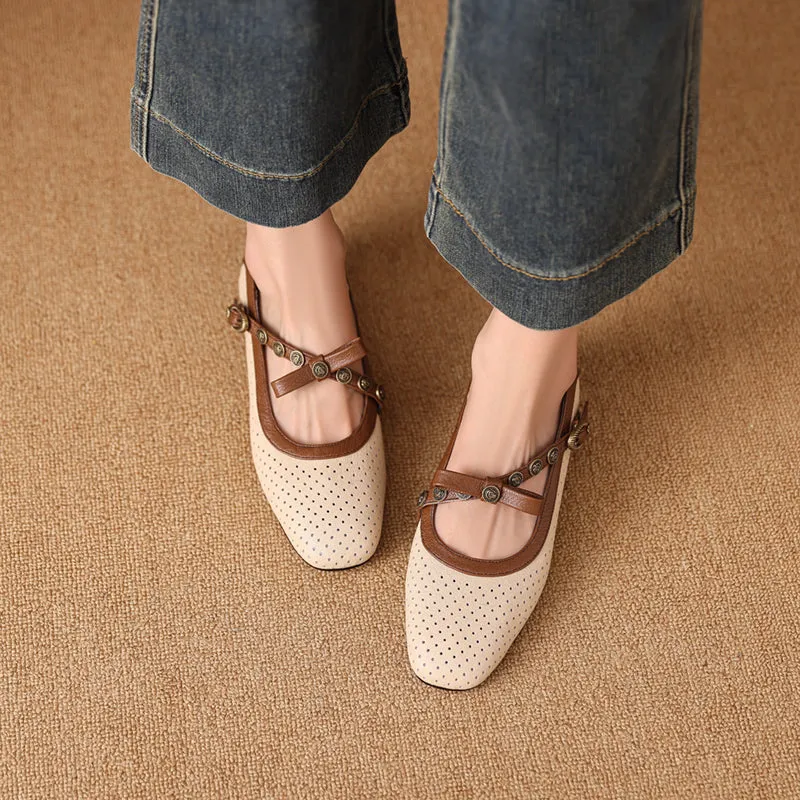Women's Vintage Patchwork Bow Low Heel Mary Jane Sandals