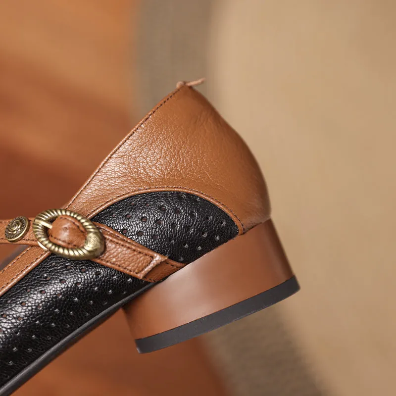 Women's Vintage Patchwork Bow Low Heel Mary Jane Sandals