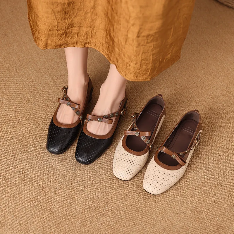Women's Vintage Patchwork Bow Low Heel Mary Jane Sandals