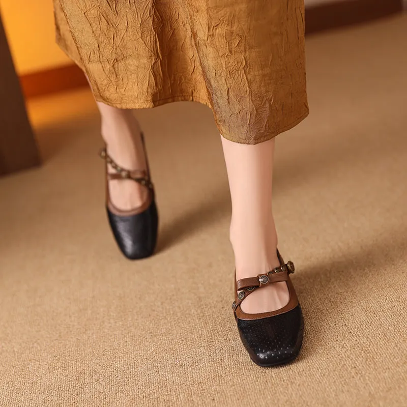 Women's Vintage Patchwork Bow Low Heel Mary Jane Sandals
