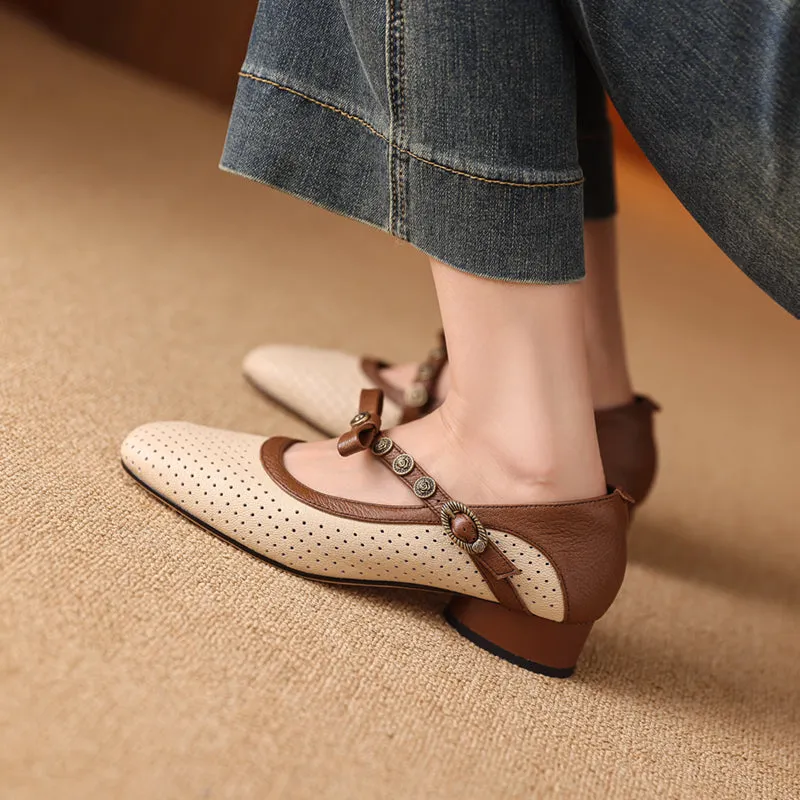 Women's Vintage Patchwork Bow Low Heel Mary Jane Sandals