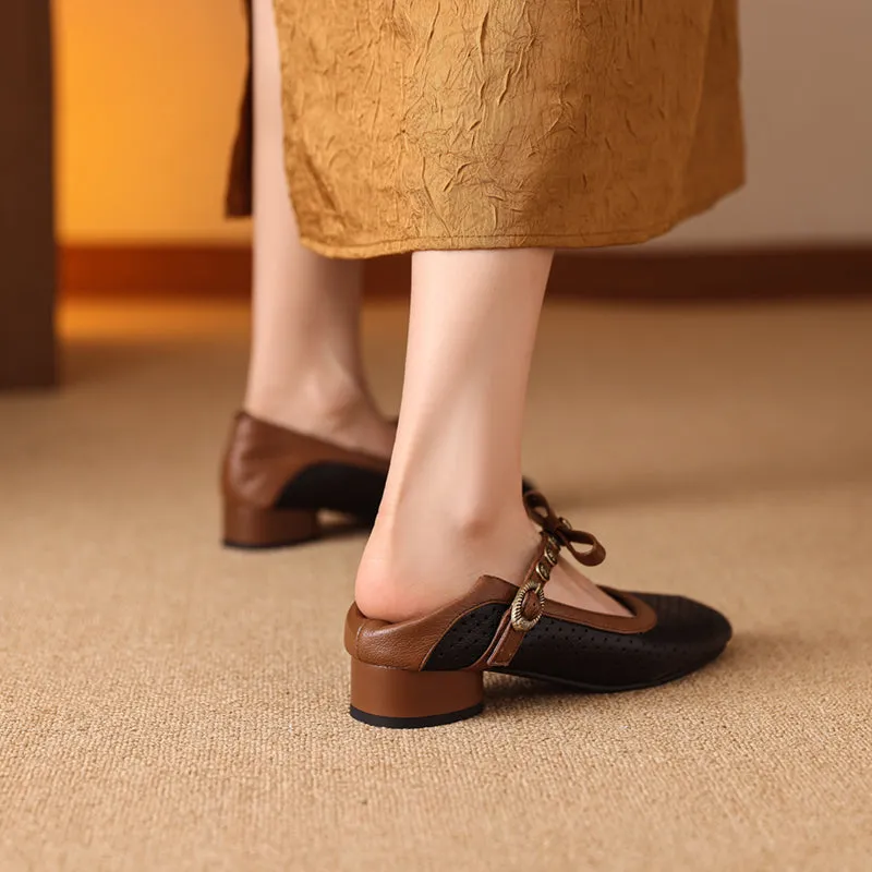 Women's Vintage Patchwork Bow Low Heel Mary Jane Sandals