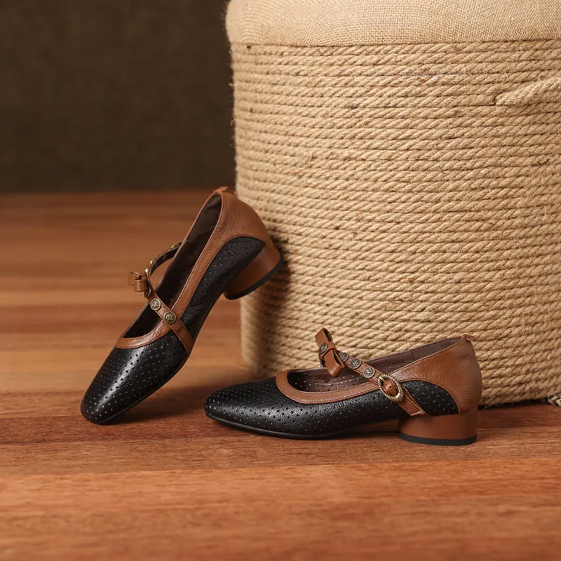 Women's Vintage Patchwork Bow Low Heel Mary Jane Sandals