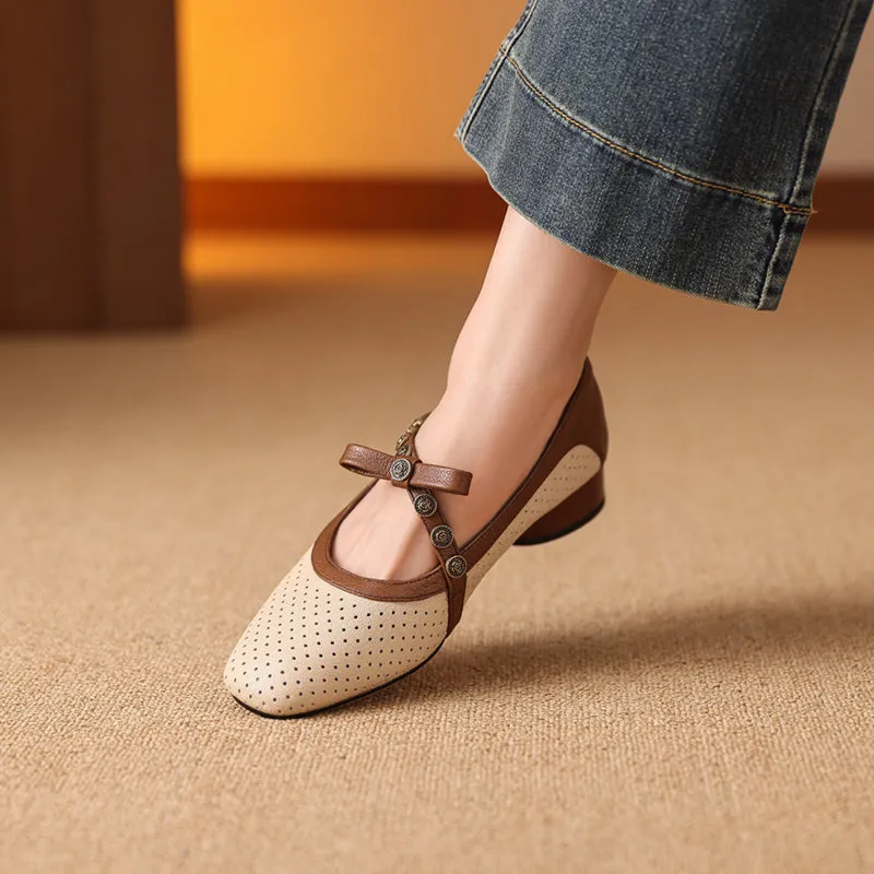 Women's Vintage Patchwork Bow Low Heel Mary Jane Sandals