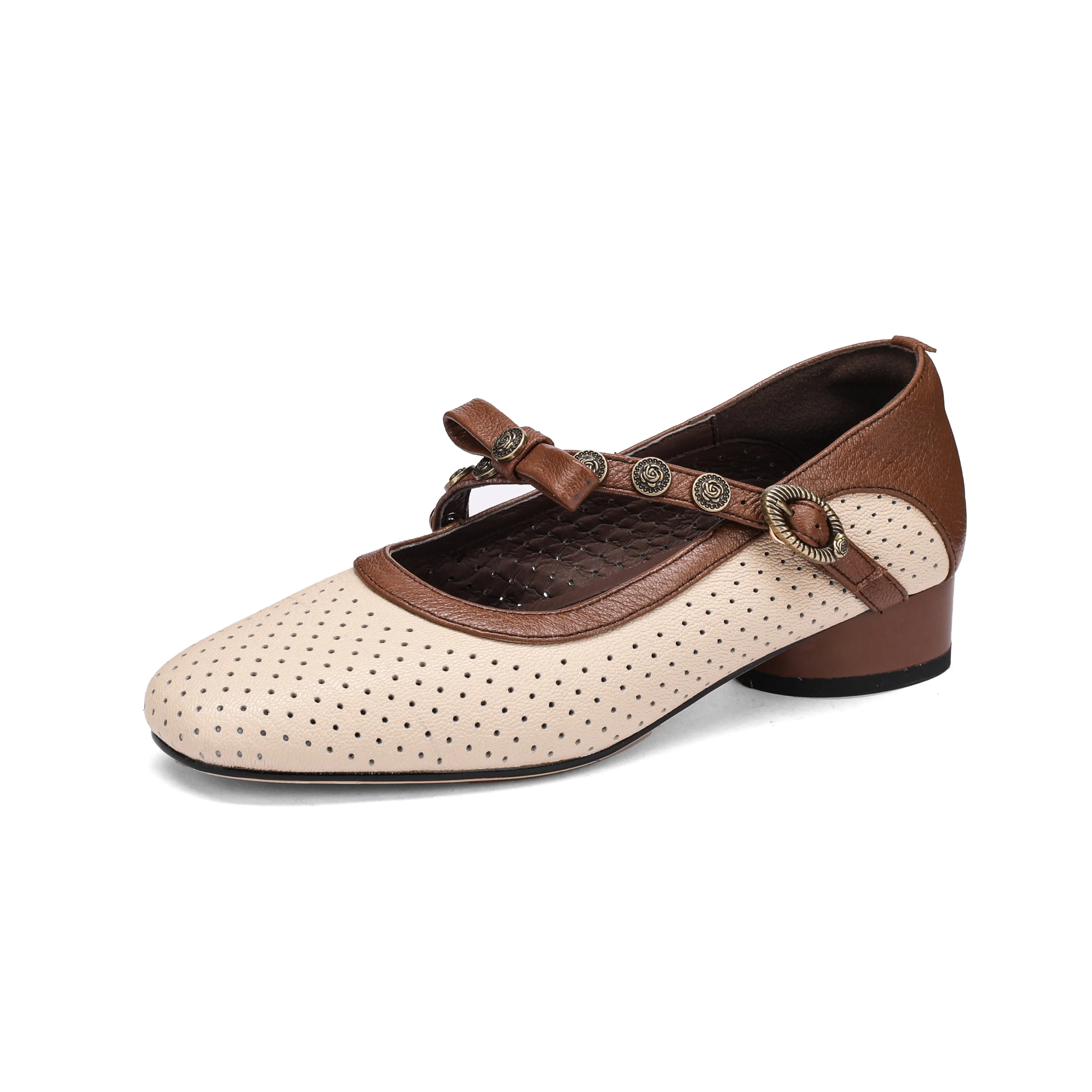 Women's Vintage Patchwork Bow Low Heel Mary Jane Sandals